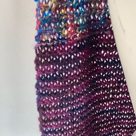 HAND CRAFTED Luxury yarn chunky knit scarf multi color wool plum orange fringe - Picture 9 of 16